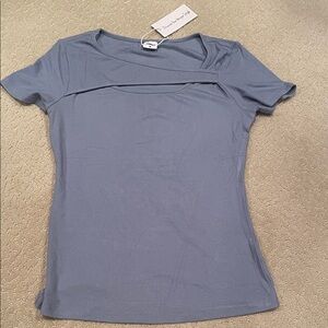 Xieerduo Stylish Slate Blue Short Sleeve Top cutout ribbed